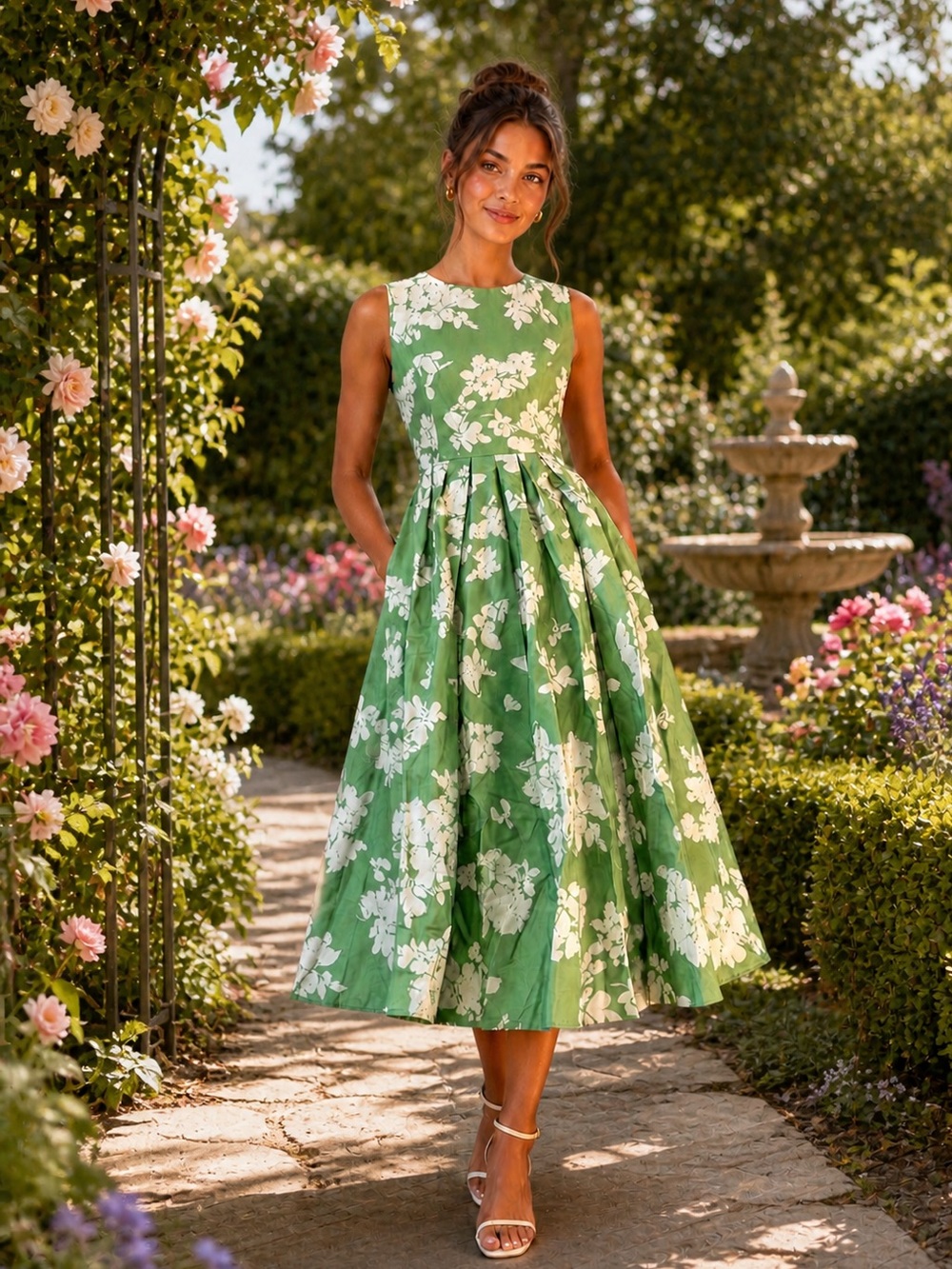 Green & White Floral Sleeveless Dress #180